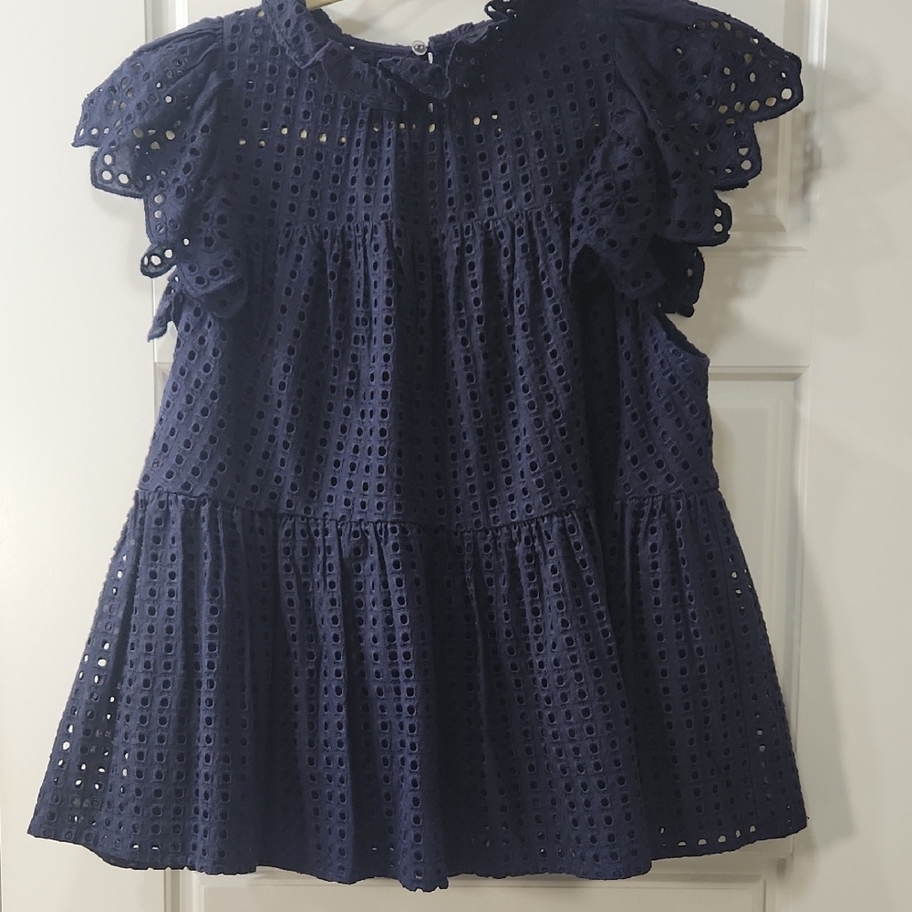 En Saison Navy Eyelet Flutter Sleeve Blouse